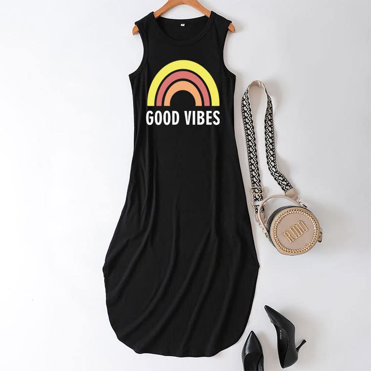 Image of Good Vibes Rainbow Graphic Dress Womens Sleeveless Pocket Maxi Dress Hawaiian Beach Tank Dress