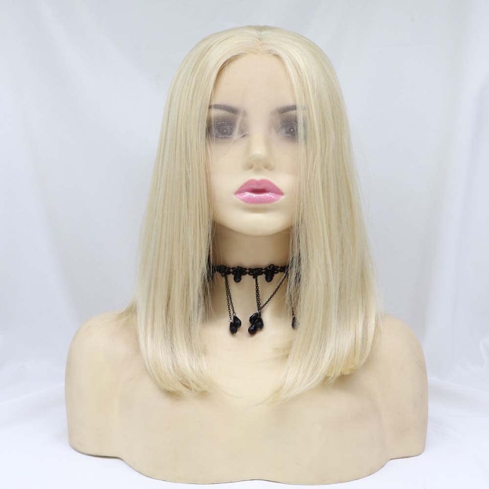 Xiweiya Wigs Straight Short Bob Wig Mixed Blonde Hair Synthetic Lace Front Wig with Middle Part Heat Resistant Fiber Hair for Women,Drag Queen Family Makeup Party Wear 14" Inches