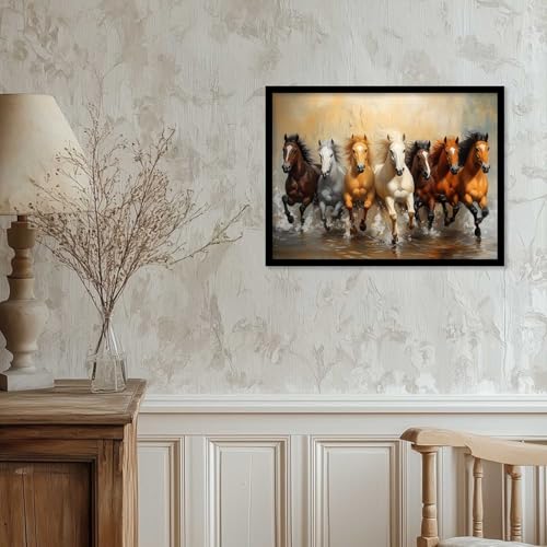 Image of HOTHOUSE Seven Running Vastu Lucky Horse Painting | 7 Horses Vastu Frame Wall Art Painting for Living Room Bedroom Office Home Decor Wall Decor Size (13X17 inch)