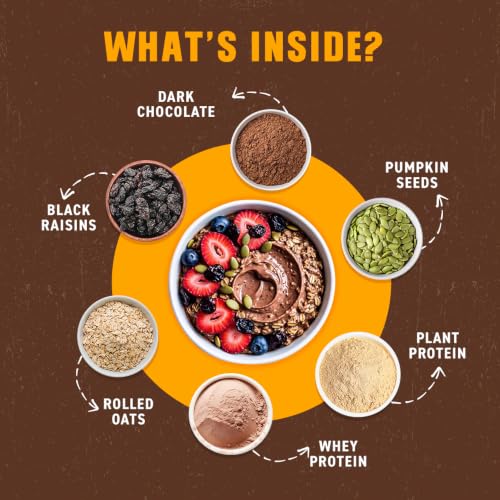Image of Bagrry's High Protein Oats with 25g Protein per 100g- 750g Pouch | Dark Chocolate Oats with Raisins & Pumpkin Seeds | Whey Protein & Plant Protein Blend | High Fibre Breakfast Cereal | Instant High Protein Meal | Rolled Oats | No Refined Sugar | No Added Preservatives | Non GMO