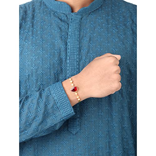 Image of Peora Rakhshabandhan Thread Rakhi for Brother Bhaiya | Kundan Beads & Crystal Studded | Combo Set of 2 | Rakhi Hamper Roli Chawal & Greeting Card