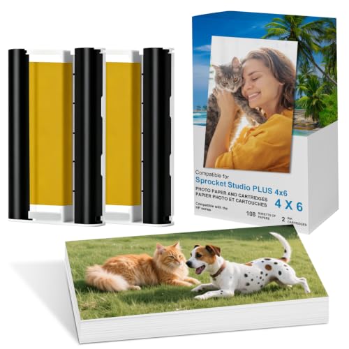 Papier photo 4x6 pour HP Sprocket Studio Plus avec 108 feuilles et 2 cartouches