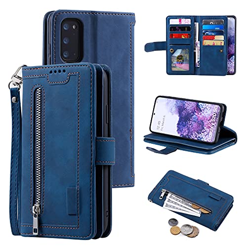 UEEBAI Wallet Case for Samsung Galaxy S20 FE 5G, Retro 9 Card Holder Slots Zipper Pocket Handbag Case PU Leather Magnetic Closure Kickstand with Wrist Strap TPU Shockproof Flip Case - Blue