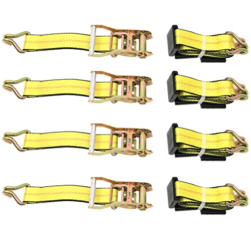 SCITOO 4 Pack 2" x 10' Tire Tie Down Straps with Double J-Hooks, Ratchet Wheel Straps for Car Hauler and Trailer Transport