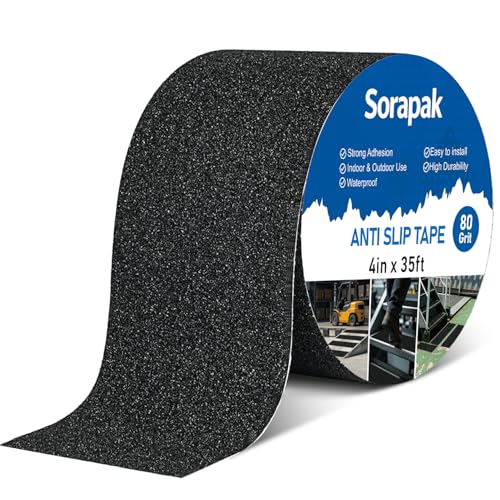 Image of Anti Slip Tape 4in x 35ft, Black 80 Grit Waterproof Non Skid Grip Tape Roll for Stairs, Steps, Ramps, Decks, Floors, Warehouses & Outdoor Use