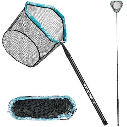 THKFISH Red de pesca de fibra de carbono con mango largo, telescópica de 210 – 400 cm, marco de aluminio, red de pesca de goma, P02