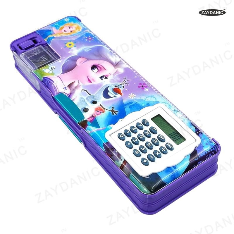 Image of Frozen Pencil Box Integrated Sharpener and Calculator, Magnetic Lock, Dual Compartments, Cartoon Stationery Case School Kit for Girls, Kids, Students Combo Set of 5in1