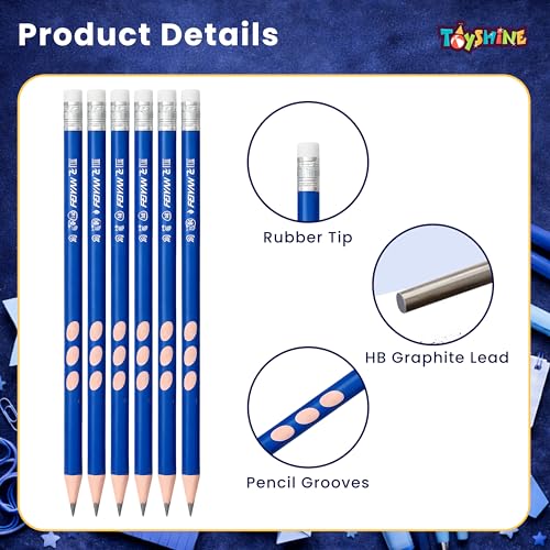 Image of Toyshine HB Pencil Set with Erasers on Top | Pack of 10 Round Hole Groove Grip Pencils with Sharpener & Pencil Cap | Comfortable Writing School Stationery for Kids & Students - Blue