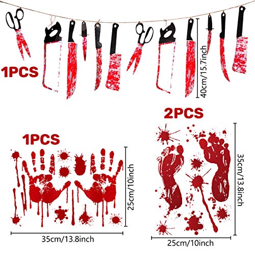 MOVINPE Halloween Bloody Party Decorations, Scary Weapons Knife Garland Hanging Banner, Doorway Curtain, Blood Splatter Tablecloth, Handprints and Footprints Window Stickers, Balloons - Thumbnail 2