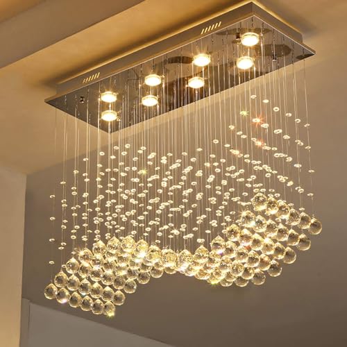 Moooni8-Lights Modern Rectangular Crystal Chandelier Lighting Wave Raindrop Pendent Flush Mount Ceiling Light Fixture for Dining Room L31.5 x W11.8 x H27.6