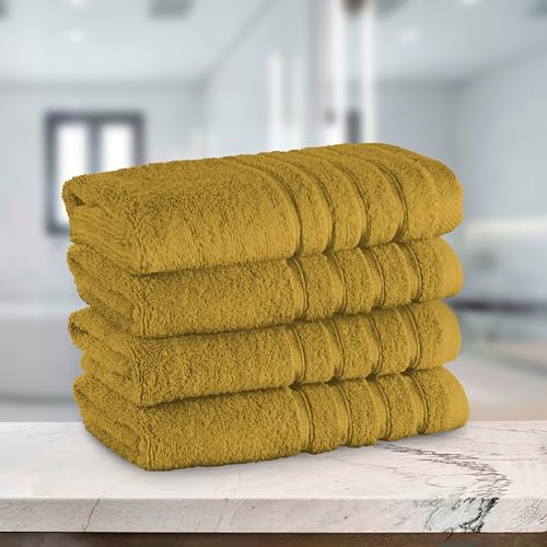 Image of Elegant Comfort 100% Turkish Cotton 4 Lines Viscose Stripe Luxury 4 Pack Hand Towel Set - Ultra Absorbent and Soft 16 x 28 Inch Premium Hotel Spa Quality Towels for Everyday Bath Use, Gold