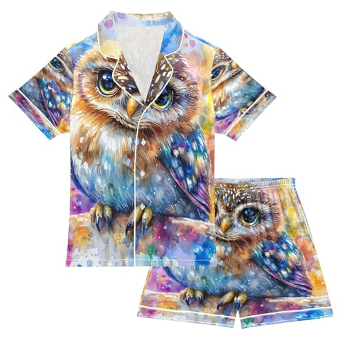 ALAZA Owl Color Bird Art Satin Pajamas Set Short Sleeve Button Down Sleepwear Summer Pjs 2 Piece