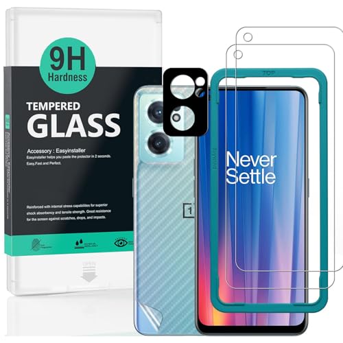 Ibywind 2 Piezas Cristal Templado para Oneplus Nord CE 2 5G 6.43',con Metálico Protector de Lente de Cámara,Atrás Pegatina Protectora Fibra de Carbono, Kit de instalación fácil