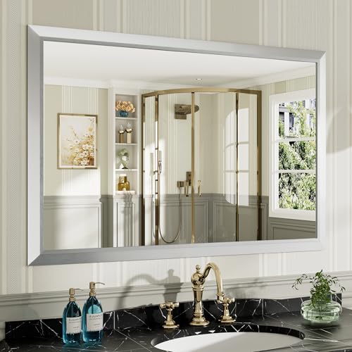 48x32 Inch Silver Bathroom Mirror for Wall, Thick Metal Framed Rectangle Mirrors for Over Sink, Bedroom, Living Room, Entryway, Anti-Rust, HD Tempered Glass