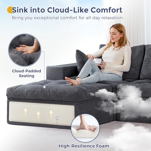 Image of MAXYOYO 132 inch U Shaped Modular Sectional Sofa with 2 Ottomans, Cloud Boneless Couch with Layered Cushion, Flexible Module Combination Sofa for Living Room, No Assembly Required, Dark Grey