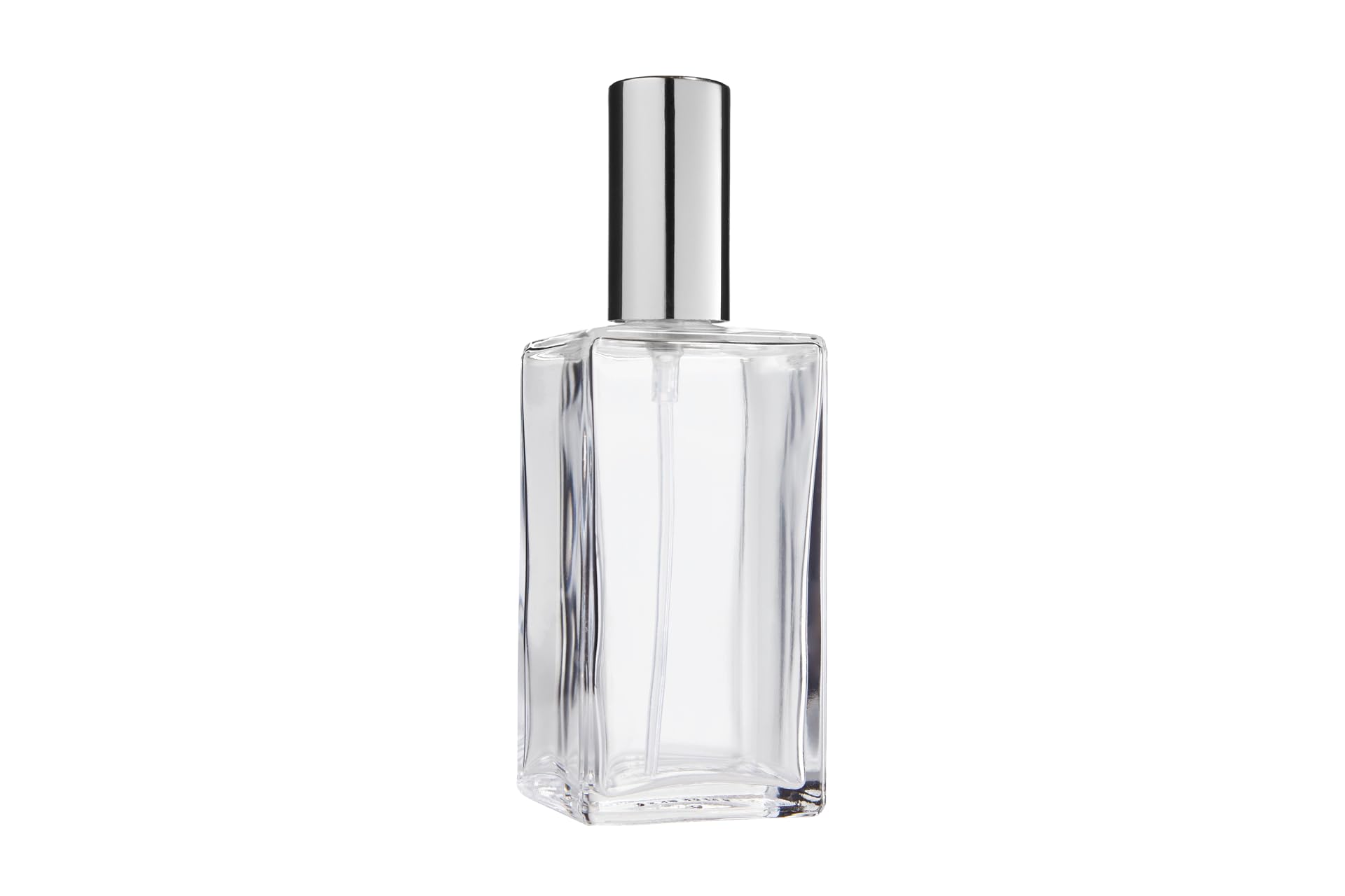 Marka Atomizer Fantasy Model Przezroczysty szklana butelka, kwadrat z rozpiętą Atomizer + Srebrna pokrywa, za 100 ml, wysokość 13 cm