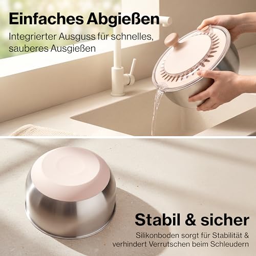 EDELHAUS Salatschleuder Edelstahl 4,5L – Salad Spinner mit Stopp-Taste, Ausgießer & Kurbel | Salatschüssel mit rutschfestem Boden | BPA-frei Salatschleuder mit Deckel | Spülmaschinengeeignet 5