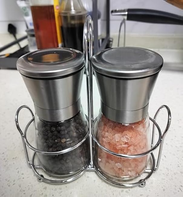 2 pack Salt and Pepper Grinder Set Steel Manual Spice Adjustable Coarseness with Five Grinding Level Pepper Mill Grinders Shakers Set with Silicone Funnel