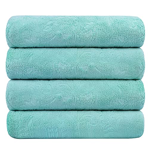 Image of JML Microfiber Bath Towels, Bath Towel 4 Pack(30 inch x 60 inch), Oversized, Soft, Super Absortbent and Fast Drying, Multipurpose Use for Sports, Fitness, Yoga, Green-Floral Embossed