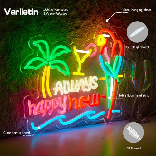 Image of Always Happy Hour Neon Sign for Wall Decor,Parrot Bar LED Light Up Dimmable Signs Compatible with Timer for Pub Party Man Cave Room Restaurant Business Party Art Decor Gift