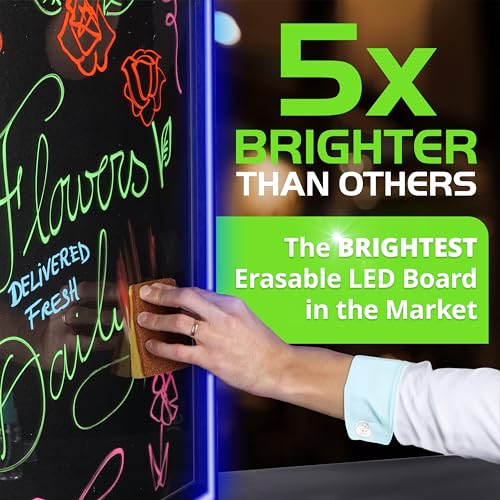 Image of Green Light Innovations LED Writing Message Board 23x27 - Illuminated Erasable Neon Chalkboard Sign with Remote & Markers - Light Up Menu Board for Restaurants, Bars, Food Trucks & Classrooms