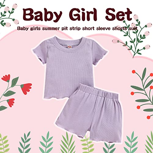 Image of Toddler Girl Clothes Summer Outfit Short Sleeve Shorts Set 12M-5T | Soft ribbed knit toddler girl outfit with breathable fabric, ruffle top, comfy shorts and stretchy fit for summer daily wear.