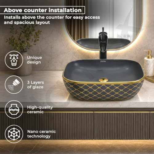 Image of Plantex Designer Ceramic Basin /Table Top Wash Basin for Bathroom /Countertop Vessel Sink - Indo-European Collection (EQTT-468, Gold & Grey)