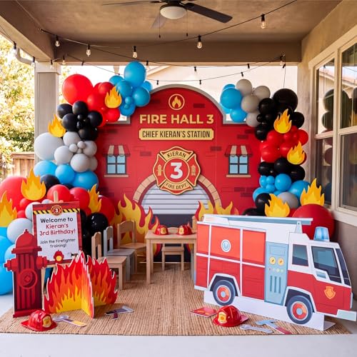 Image of 3 Pcs Firetruck Birthday Party Decorations Set, Fire Truck Fire Hydrant 3D Flame Cardboard Cutouts with Sturdy Bases for Firefighter Rescue Themed Party Baby Shower Backdrop