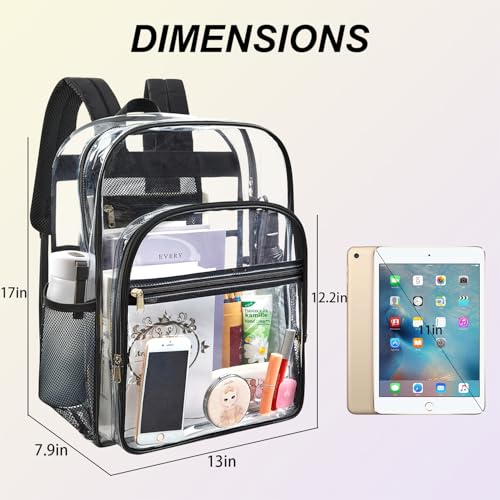 Image of gdbis Clear Backpack Heavy Duty, 17 inch Large PVC Transparent Bag with Reinforced Strap Stitches and Laptop Sleeve See Through Casual Backpack for Work Concert Travel Security - Black