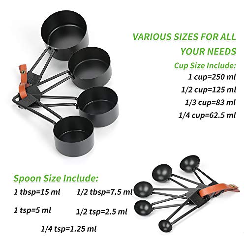 Welltop 9-Piece Stainless Steel Measuring Cups And Spoons Set, Perfect Measures For Liquid And Dry Ingredients, Including 4 Nesting Cups And 5 Stackable Spoons, With Ring Connector (Black) #TOP6
