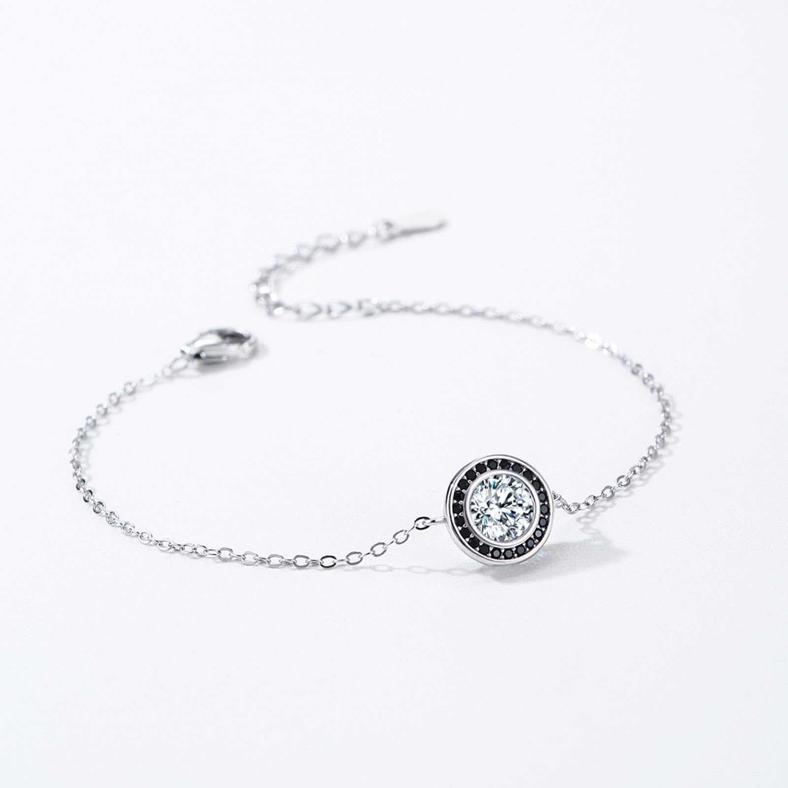 Bracelet pour femme en or blanc 375/585/750, classique délicat pour femme, avec diamant créé en laboratoire, bracelet avec onyx noir 9 K/14 K/18 K or blanc