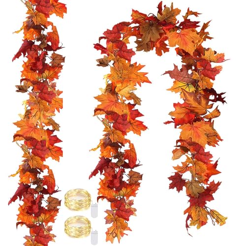 2 Pezzi ghirlande di foglie d'acero artificiali con luci a LED,3.6 m ghirlanda di foglie autunnali decorazione autunnale per casa matrimoni feste casa camino Ringraziamento Decorazione (C-2 PACK)