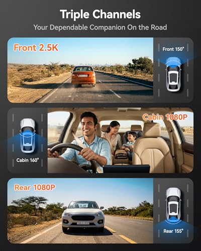 Image of WOLFBOX i07 3 Channel Dash Cam for Car with WiFi GPS, 1440P + 1080P + 1080P Triple Car Dash Camera, 3 inch LCD, IR Night View, 24H Parking Monitor, 32GB Card Included