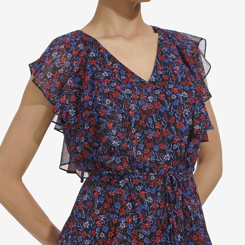 Image of Tommy Hilfiger Women's Sleeveless V-Neck Ruffle Trim Tie Waist Chiffon Mini Dress