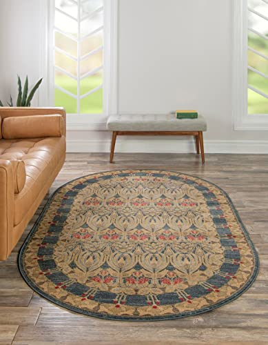 Image of Unique Loom Edinburgh Collection Area Rug - Canmore (5' 3 inch x 8' Oval, Navy Blue / Tan)
