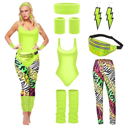 HIQE-FL Déguisement Année 80 Femme des Costume,Vetement Tenue Fête Néon Fluo,Sac Banane,Bracelets Neon,Deguisement Annee 80 Femme Accessoire Fluo,Costume des Années 80s Disco,Accessoire année 80