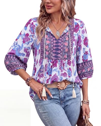 Image of Vivilli Womens Summer Boho Babydoll Tops 3 /4 Sleeve Pleated Peplum Blouses Casual V Neck Tie Front 2026 Tunic Tops