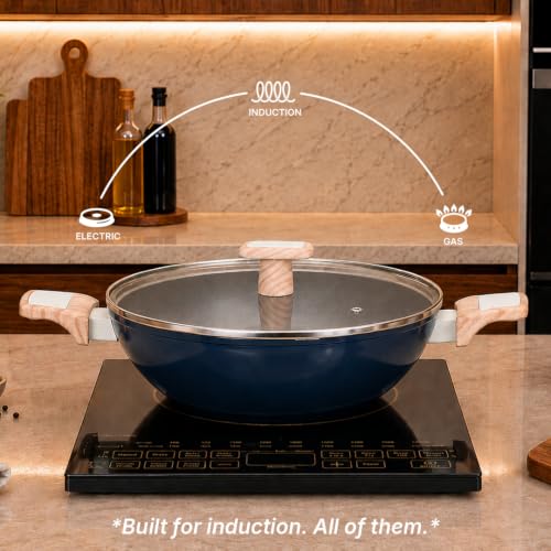 Image of Kreme Ceracook Ceramic Coated Granite 8 Pc Cookware Gift Set Casserole, Frying Pan, Kadai, Tawa, 2 Spatulas, ISI Certified, Forged, Gas & Induction, PFAS & PTFE Free 1 Yr Warranty, Ocean Deep Blue