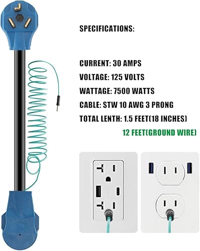 Miniatura 7 de Cable adaptador de secadora 10-30P macho a 14-30R hembra con cable de tierra de 12 pies, convierte el enchufe de secadora de 4 clavijas a una salida