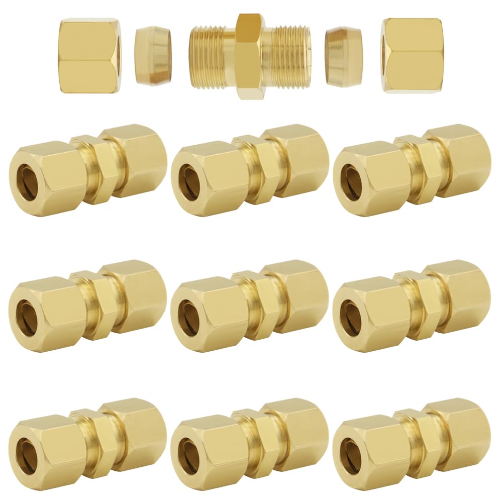 Hooshing 10PCS Compression Tube Pipe Fitting 3/8" Tube OD x 3/8" Tube OD Connector Brass Straight Coupling Adapter