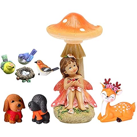 FYHappy Garden Ornaments Outdoor, Fairy Garden Accessories, Garden Statues for Plant Pot Patio Yard Decorations, Fairy Sitting Under Mushroom with Her Little Deer Dog Birds Cover