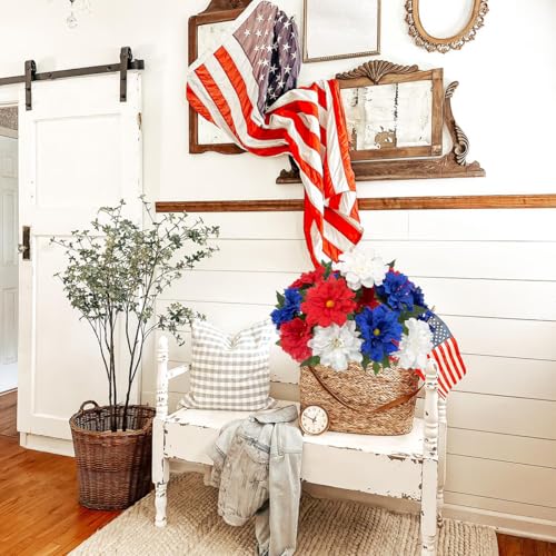Image of 20 Heads Artificial Flower Patriotic Memorial Bouquet 13 inch Red White and Blue Flowers with Mums Hydrangea 4th of July Flowers for Cemetery Table Centerpiece Memorial Day Home Decor(No Vase)