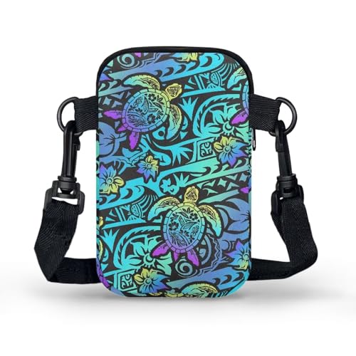 Image of Hawaiian Tribal Small Crossbody Bags for Women Cell Phone Bag Purse, Sea Turtle Zipper Sling Purses Shoulder Bag