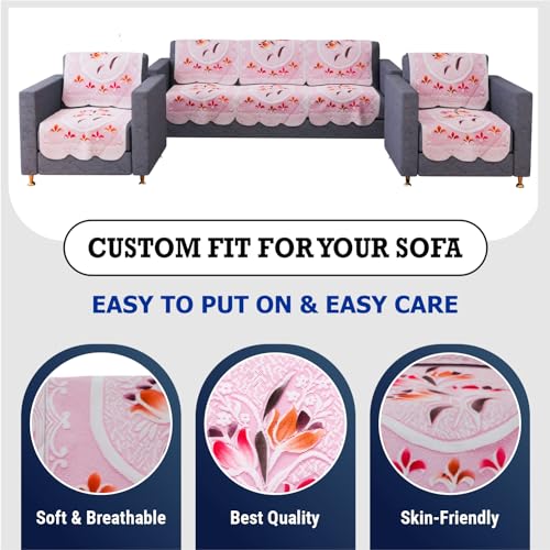 Image of Kuber Industries Sofa Cover | Net Sofa Slipcover Set | Sofa Cover for Living Room | Sofa Slip Cover for Hall | 5-Seater Sofa Cover for Home Decor | Printed Sofa Cover Set | Pink