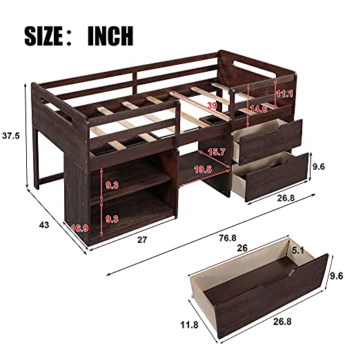 Merax Solid Wood Twin-Size Low Loft Bed Frame With Ladder For Kids Bunk, Shelf + Drawer, Antique Espresso #TOP6