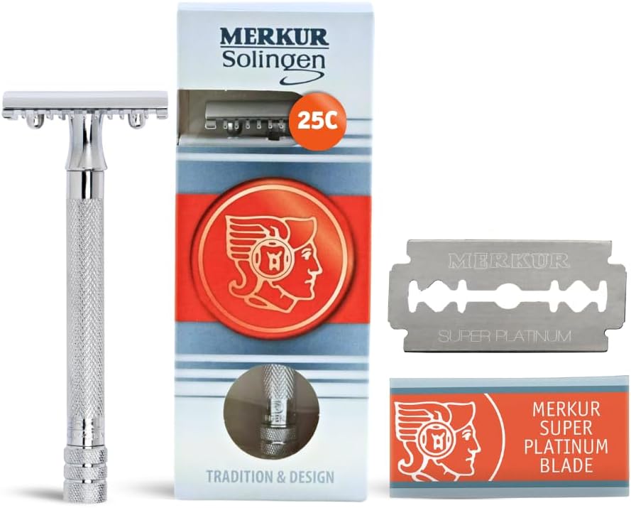25C Double Edge Safety Razor in Bright Chrome with an Open Comb Design, Long Handle, Made in Germany, Plastic-Free, Three-Piece Design, and Straight Bar