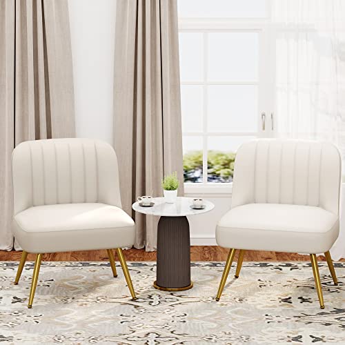Alish Faux Leather Accent Chairs Set Of 2, Upholstered Living Room Chairs Modern Side Chairs Armless Chairs With Metal Legs (Beige, Set Of 2) #TOP2