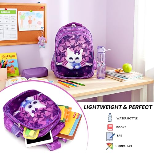 Image of Storite Kids School Bag for Girls | Lightweight Backpack with Star Pattern | Durable Zipper, Spacious Compartments, 3D Kitty Design (Purple-31x13x41 Cm)