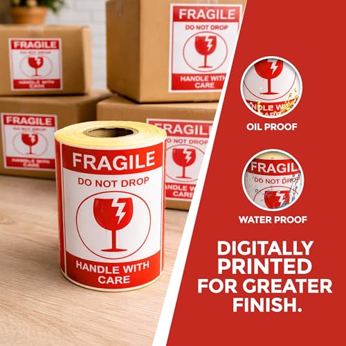 Image of GLUN Pack of 100 Piece Fragile Shipping Stickers, 4x6 inch Size Roll, Bold High-Visibility inchHandle with Care inch & inchDo Not Drop inch Warning Stickers for Safe Delivery