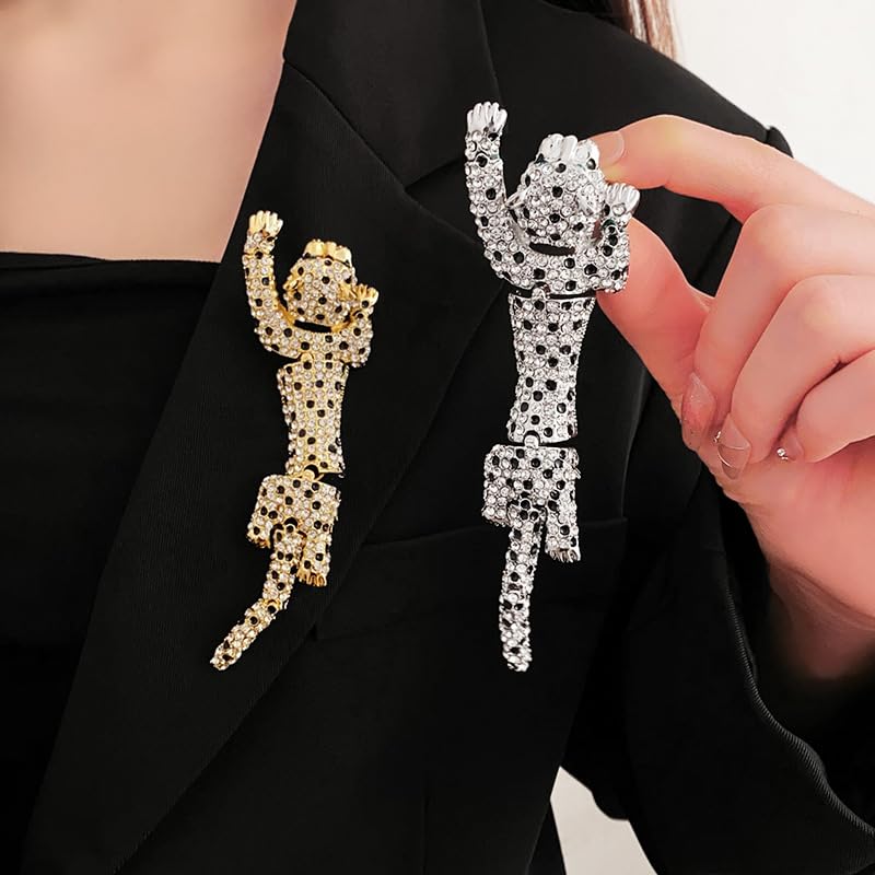 Image of Rhinestone Leopard Brooch Pin Retro Crystal Enamel Animal Cheetah Shoulder Brooch for Men Women
